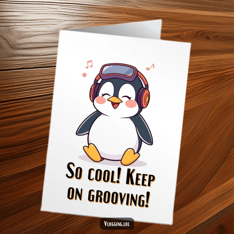 Funny Free Printable Congratulations Card: A penguin laughing and bopping its head to upbeat music, full of celebration.