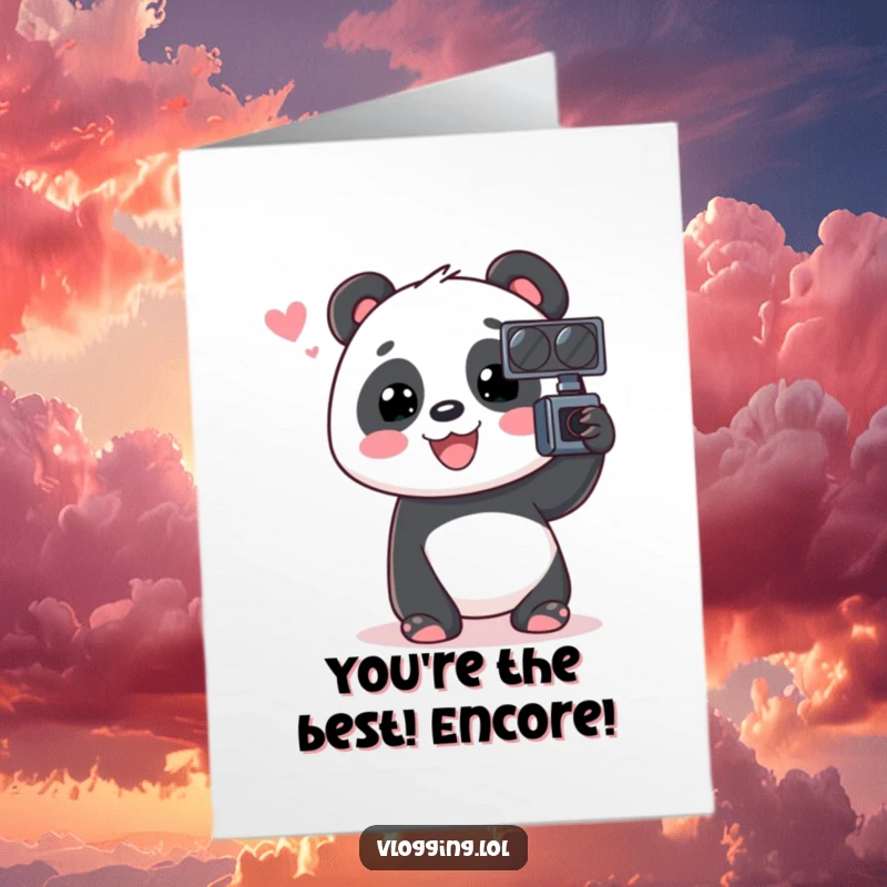 Funny Free Printable Congratulations Card: A joyful panda speaking animatedly into a video recorder, sharing good news.