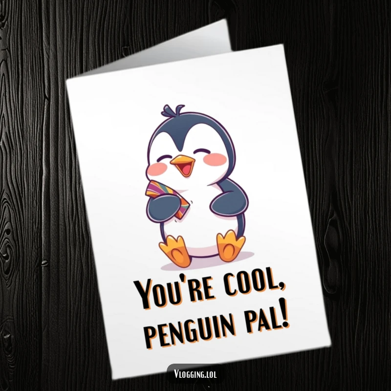 Funny free printable congratulations card: giggling penguin excitedly showing off a colorful item as a prize.