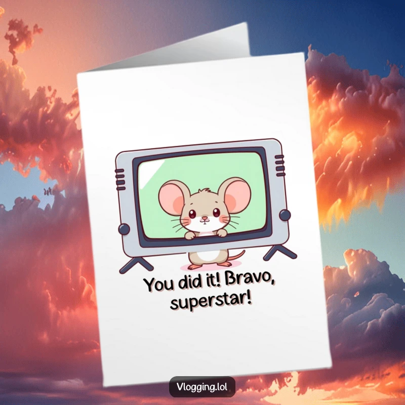 Funny Free Printable Congrats Card: Shy mouse celebrates a big win, peeking from behind a massive gaming screen.