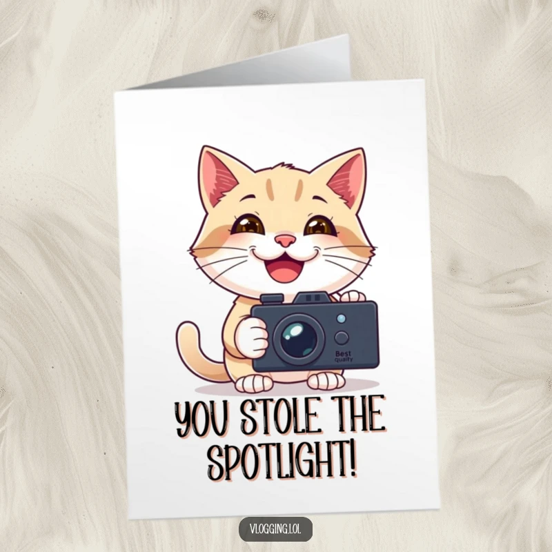 Funny Free Printable Congratulations Card: Cat recording itself with a camera, smiling and celebrating, a hilarious downloadable cheer.
