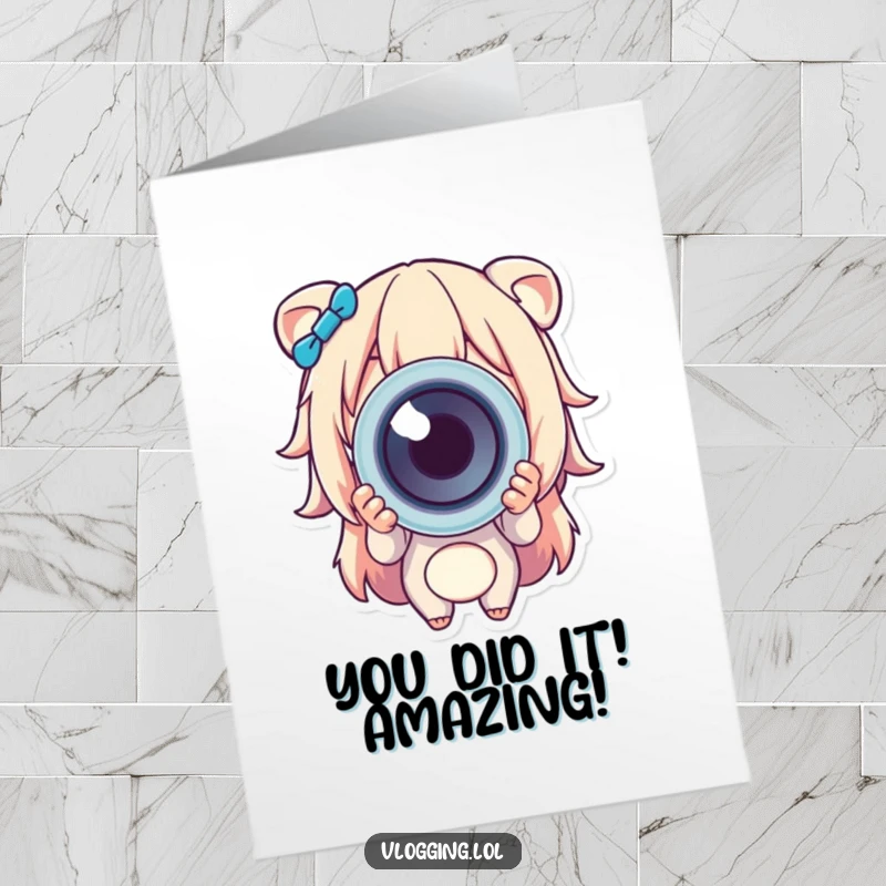 Funny Free Printable Congratulations Card: Happy character enthusiastically offers a vibrant, wrapped gift towards the camera.