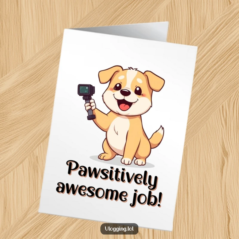 Funny Free Printable Congrats Card: Playful dog wags its tail enthusiastically, filming a celebration of success.