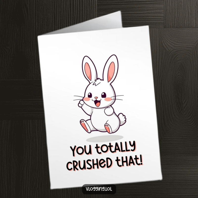 Funny Free Printable Congratulations Card: An excited bunny energetically tapping a screen, celebrating a digital success or achievement.