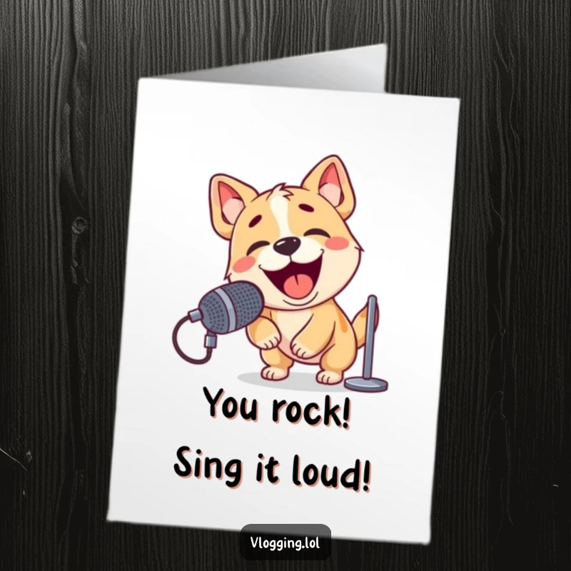 Funny Free Printable Congratulations Card: A joyful dog belting into a microphone with immense enthusiasm and spirit.