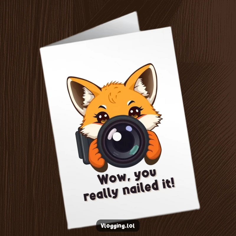 Funny Free Printable Congratulations Card: Curious fox peeking with wide eyes into a camera, signifying discovery and celebration.