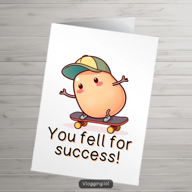Funny Free Printable Congrats Card: Wobbly jelly bean in a cap, mid-fall from a skateboard, celebrating success.