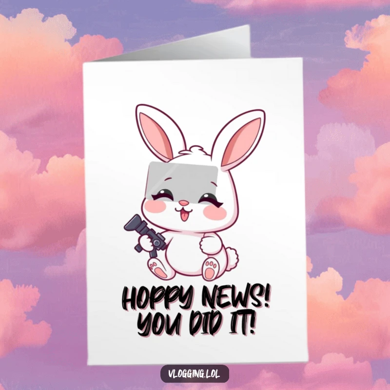 Funny Free Printable Congratulations Card of a cheerful rabbit concentrating hard while editing a video.