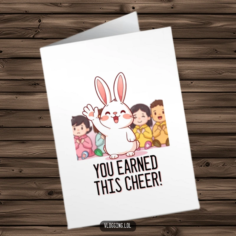 Funny Free Printable Congrats Card: Cheerful rabbit waving excitedly, celebrating your amazing accomplishment with pure joy.