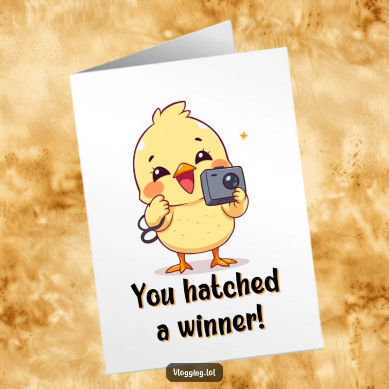 Funny Free Printable Congratulations Card: A cheerful chick enthusiastically records a video message with a small camcorder.