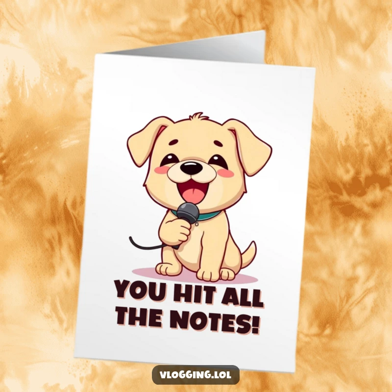 Funny Free Printable Congratulations Card: Delightful puppy with a microphone, singing loudly with star-quality enthusiasm, celebratory.