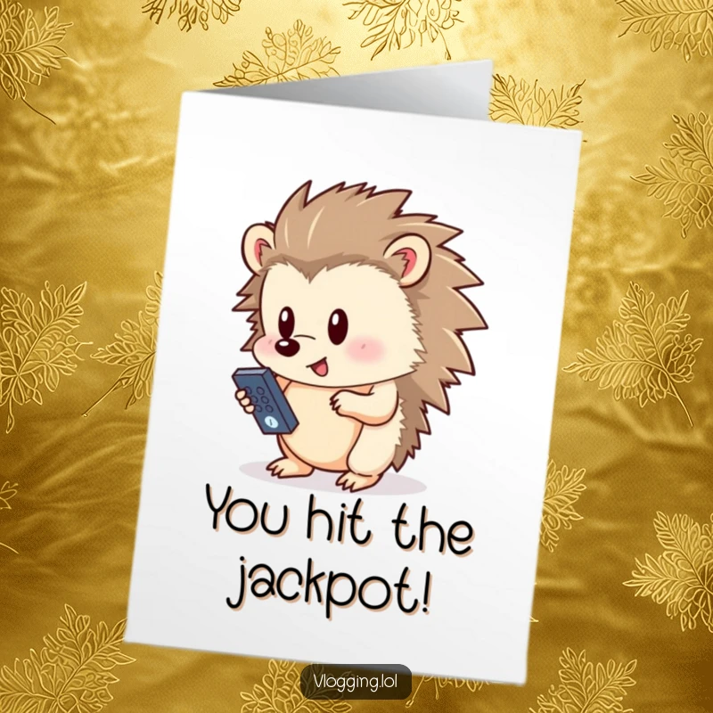 Funny free printable congratulations card showing a curious hedgehog pressing a button on a remote, symbolizing success.