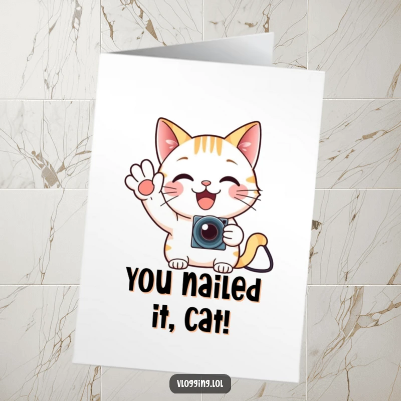 Funny Free Printable Congrats Card: Delighted cat waving enthusiastically at a camera, celebrating a gaming win.