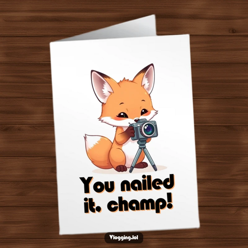 Funny Free Printable Congratulations Card: Enthusiastic fox posing with a tiny camera, celebrating a milestone.
