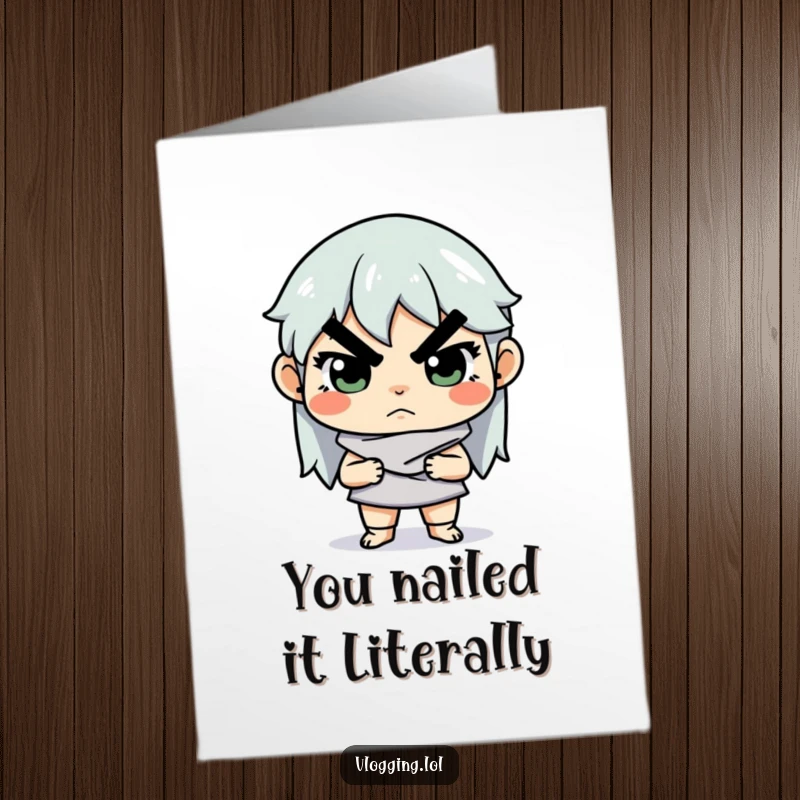 Funny Free Printable Congrats Card: Creator with serious expression adjusting lighting, celebrating a big win with humor.