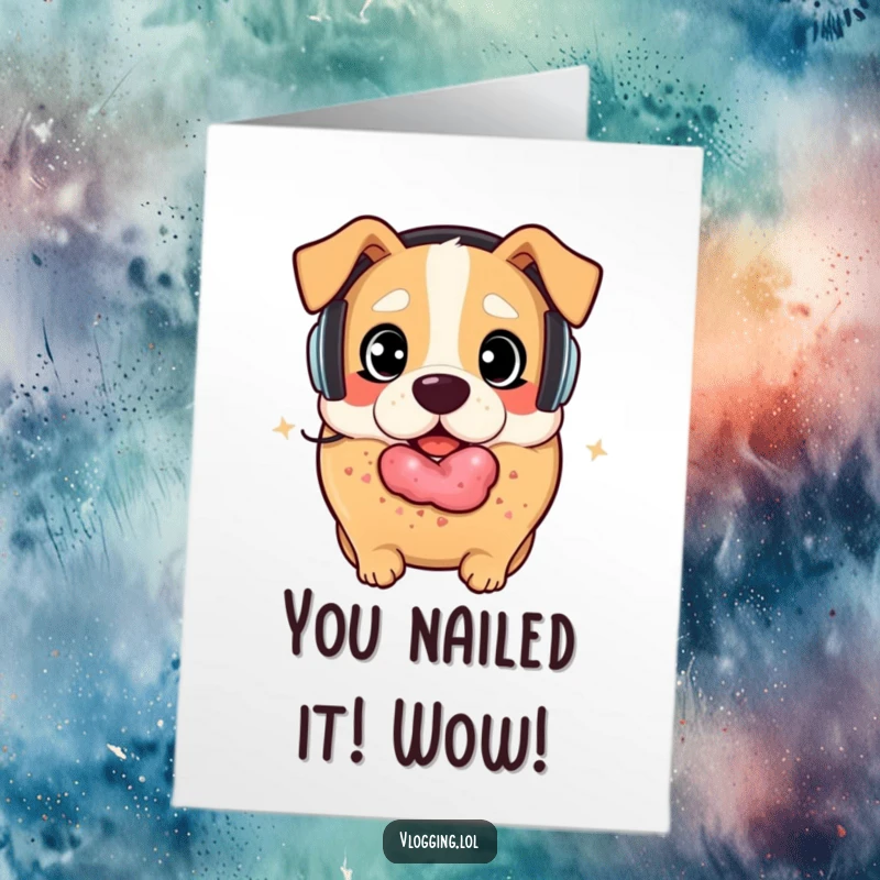 Funny Free Printable Congrats Card: Surprised bagel wearing headphones, facing a playful dog, celebrating a great success.