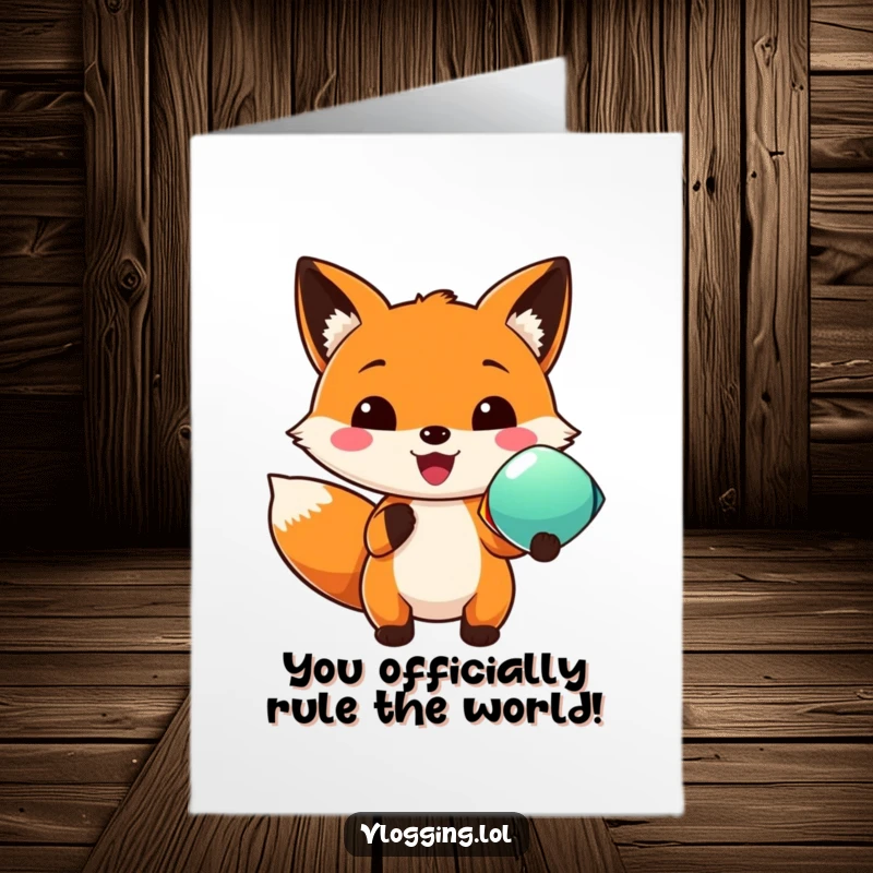 Funny Free Printable Congratulations Card showcasing an ecstatic fox presenting a dazzling, colorful surprise.