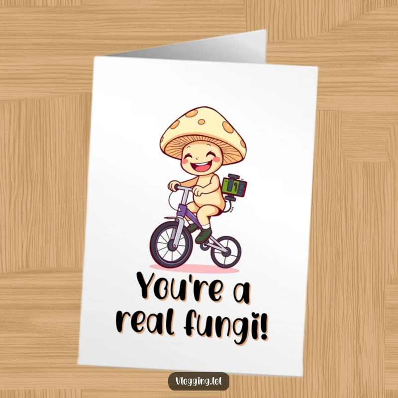 Funny Free Printable Congrats Card: Grinning mushroom on a unicycle, filming equipment balanced, celebrating a great success.