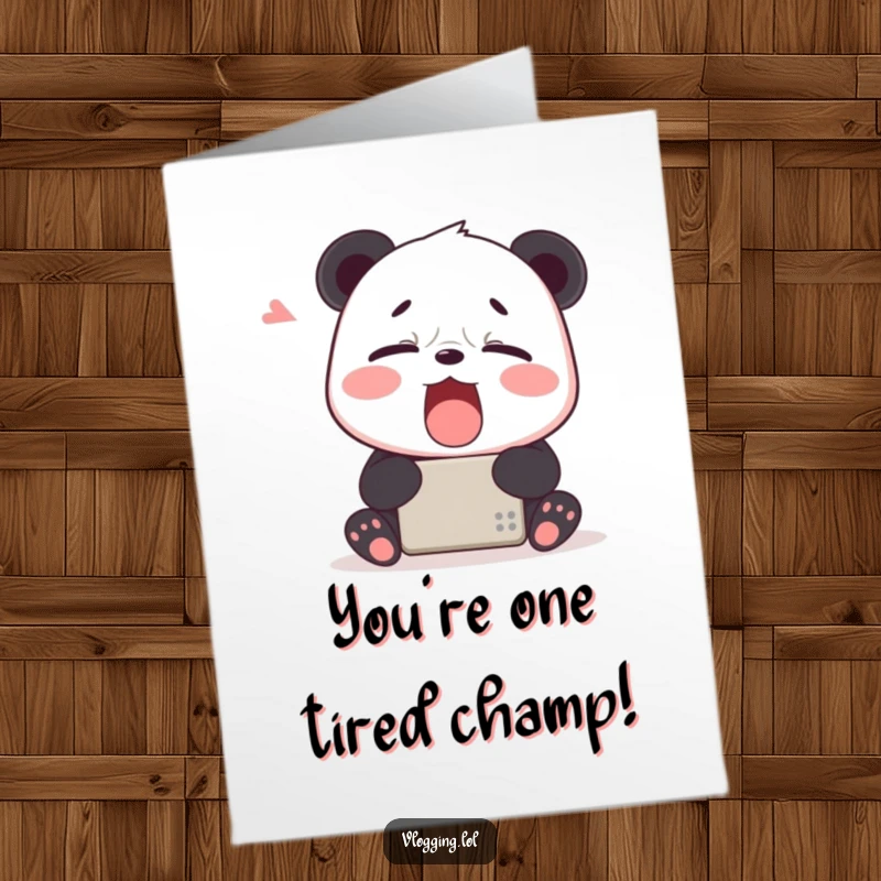 Funny Free Printable Congratulations Card: An exhausted panda yawning hugely in front of a device, celebrating an achievement with humor.