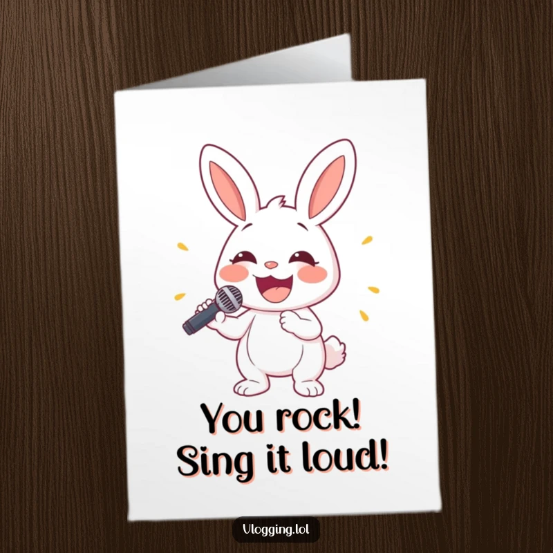 Funny free printable congratulations card: A cheerful cartoon bunny holding a microphone with a wide smile, celebrating a big win.