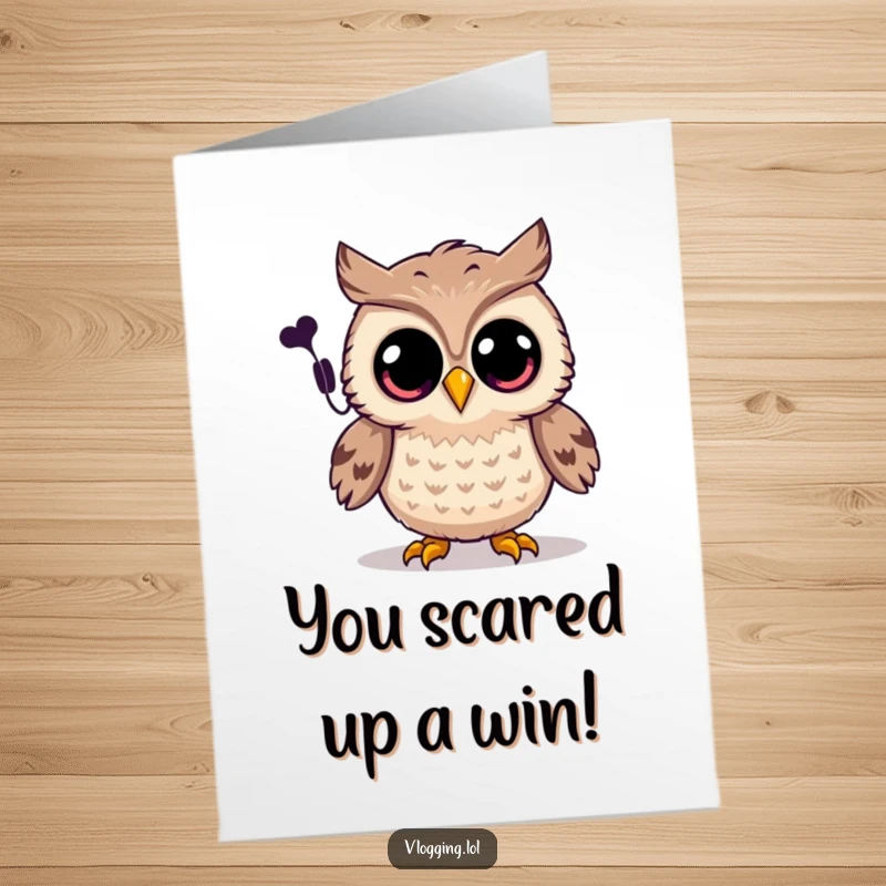 Funny Free Printable Congrats Card: Joyful owl with wide eyes records a spooky sound, celebrating a thrilling success.