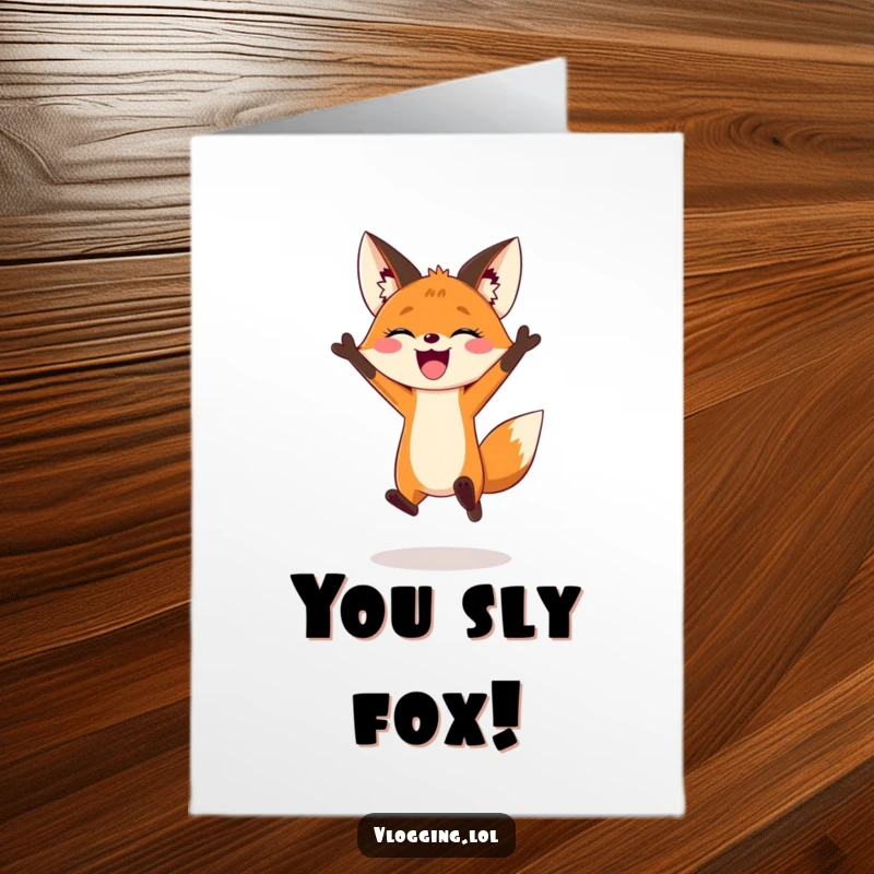 Funny Free Printable Congratulations Card: A joyful fox jumping for a dramatic vlogging opening, celebrating success.