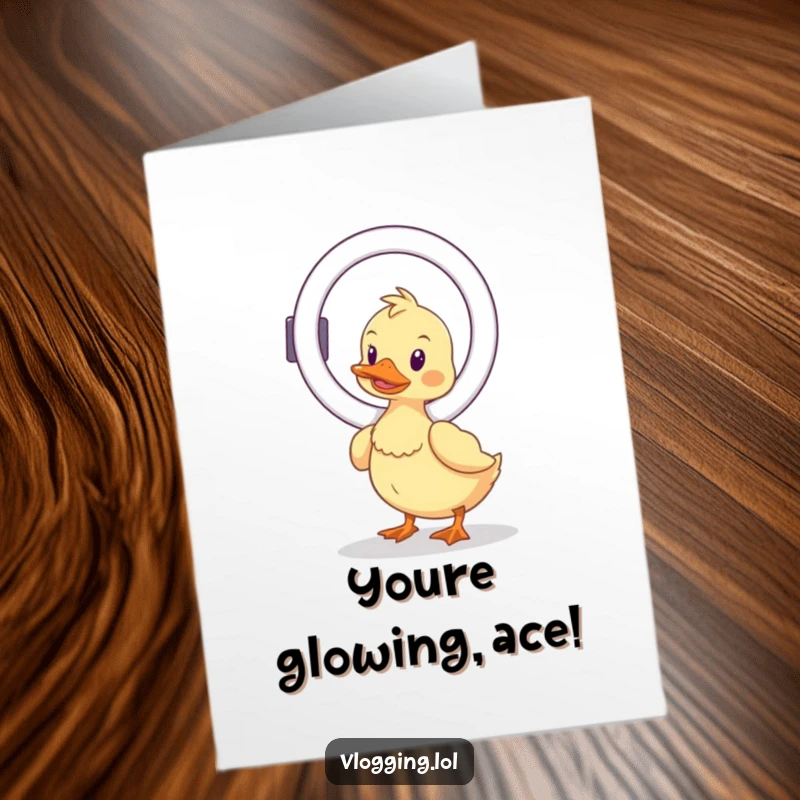 Funny free printable congratulations card with a wobbly duck balancing a ring light, symbolizing shining success.