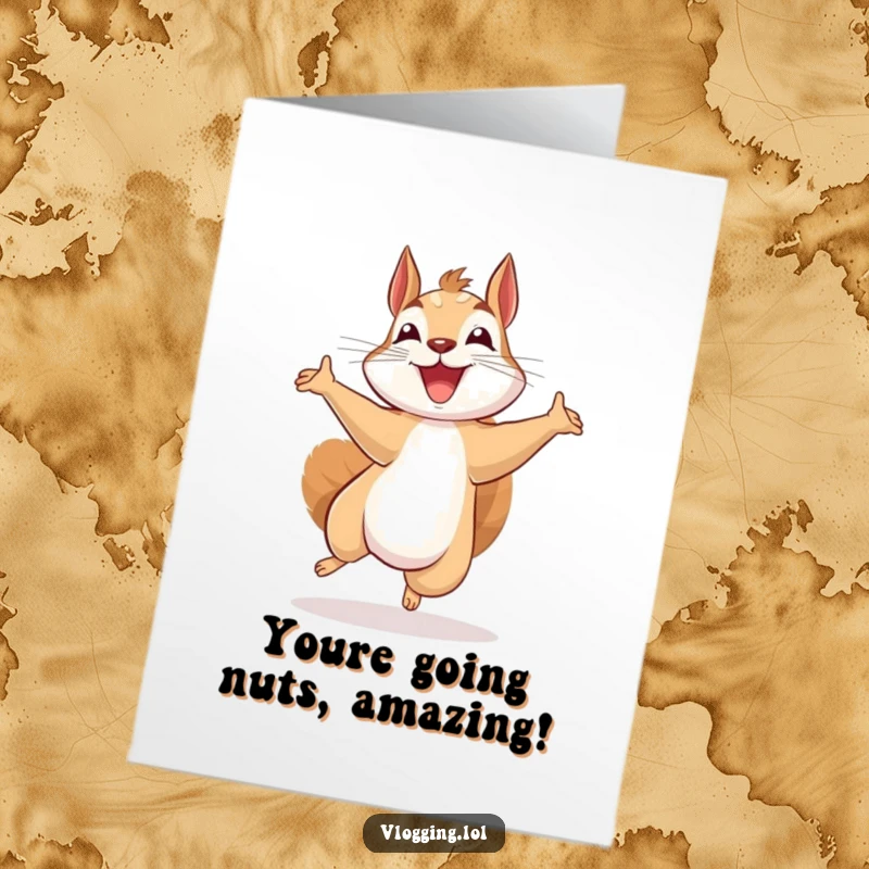 Funny free printable congratulations card featuring a beaming squirrel jumping with excitement while recording, celebrating a win.