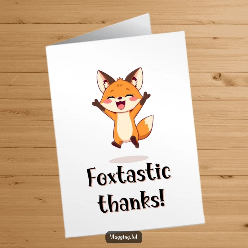Funny Free Printable Thank You Card: A joyful fox jumping for a vlogging intro, expressing thanks energetically.