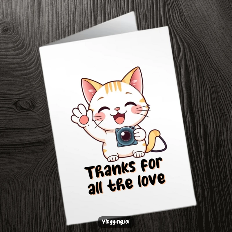 Funny Free Printable Thank You Card: Delighted cat waving enthusiastically at a tiny camera, conveying thanks.