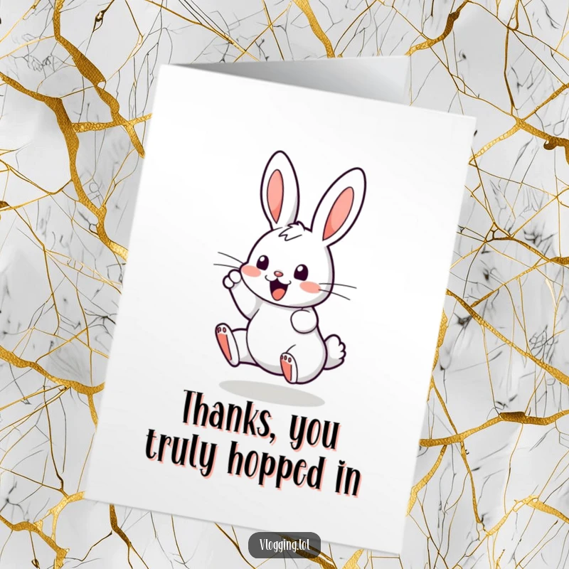 Funny Free Printable Thank You Card: A bouncing bunny enthusiastically tapping on a screen, perfect for sending tech-themed thanks.