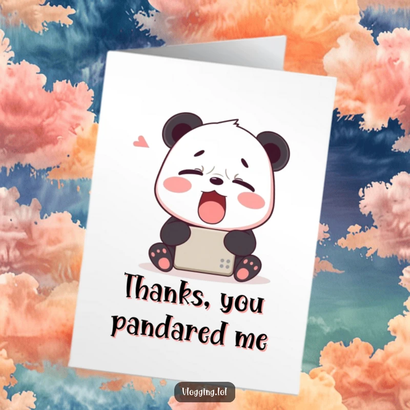 Funny Free Printable Thank You Card: Tired panda yawning widely in front of a screen, conveying thanks in a relaxed, humorous way.