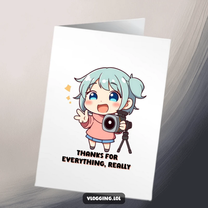 Funny Free Printable Thank You Card depicting a character talking animatedly to a camera, perfect for expressing sincere thanks.