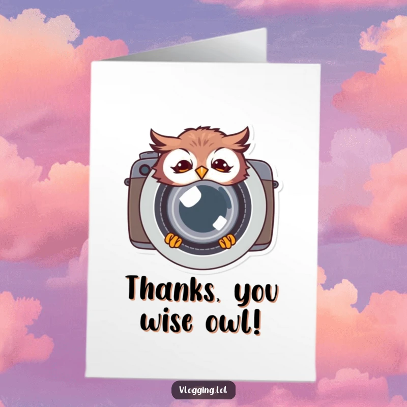 Funny free printable thank you card featuring a giggling owl peeking from behind a large camera lens, perfect for photography fans.