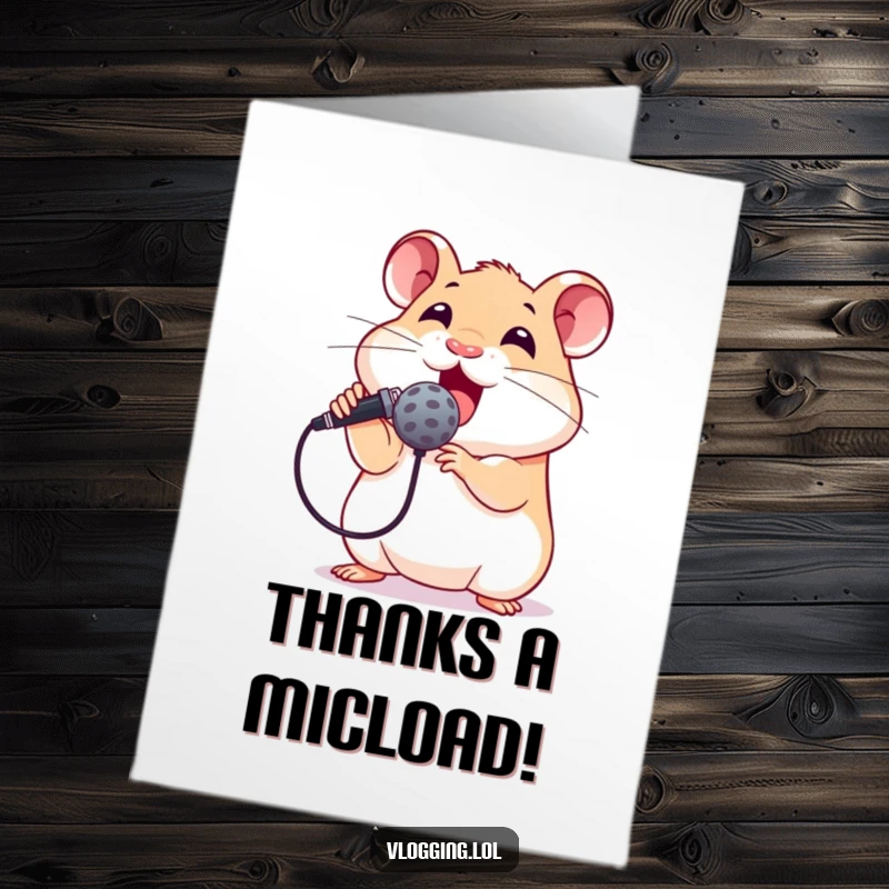 Funny free printable thank you card: excited hamster with microphone, singing a song of gratitude.
