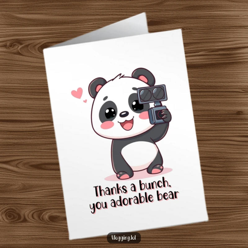 Funny Free Printable Thank You Card: A beaming panda talking excitedly into a video recorder, conveying thanks.