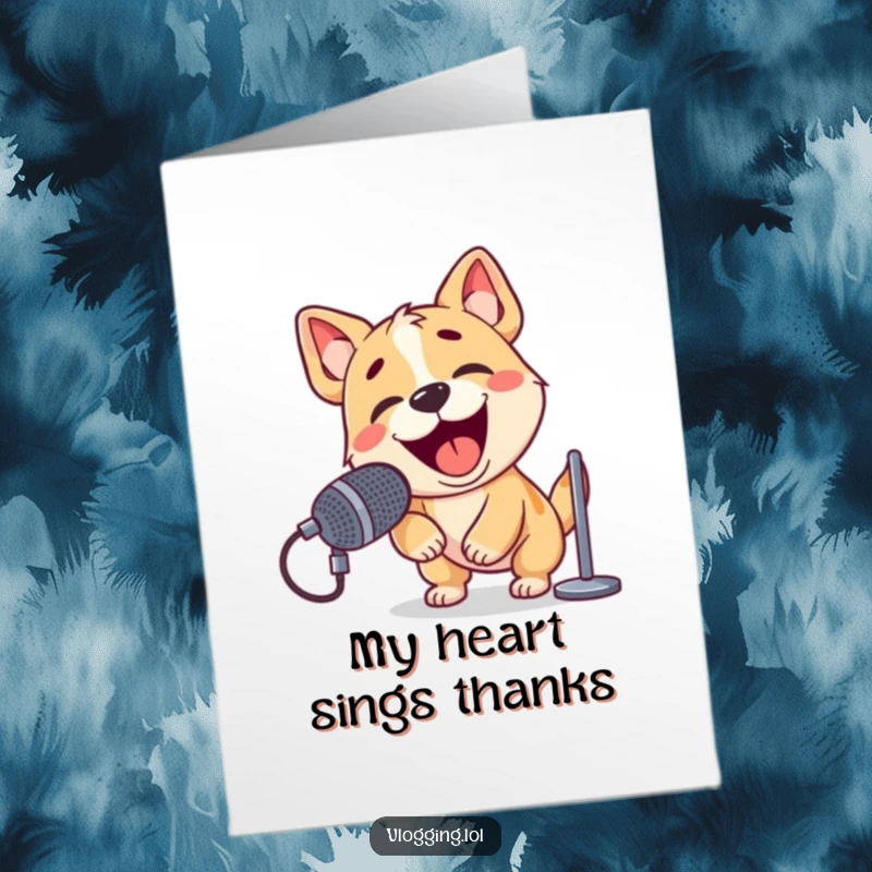 Funny Free Printable Thank You Card: A happy dog performing into a microphone with great gusto and excitement.