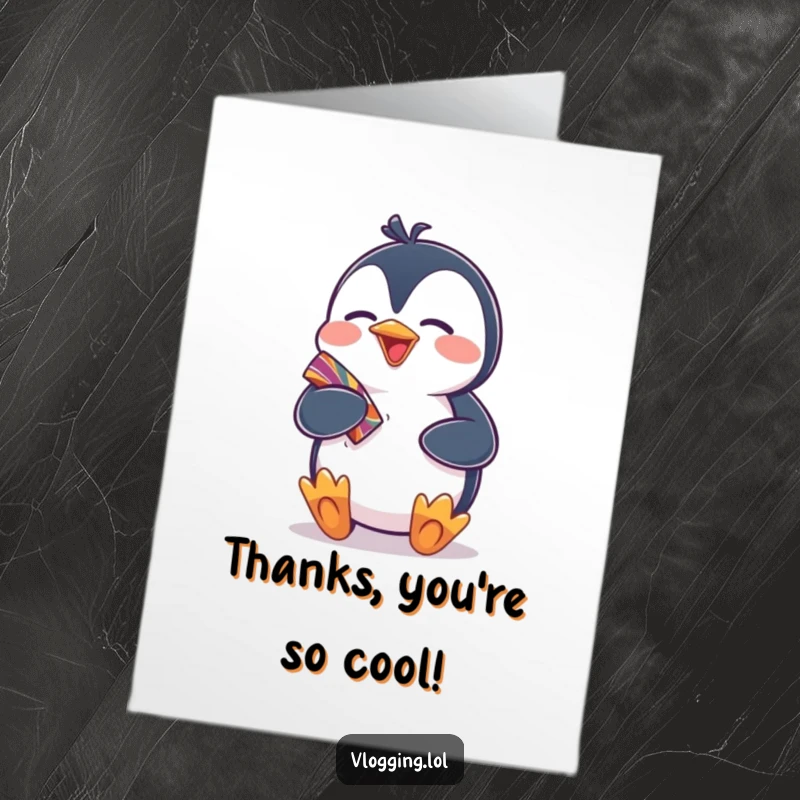 Funny free printable thank you card: giggling penguin excitedly showing off a colorful item as a thank you gift.
