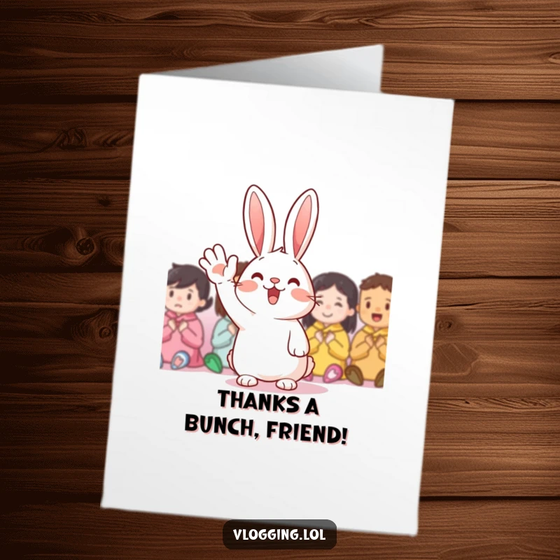 Funny Free Printable Thank You Card: Cheerful rabbit waving happily, sending a warm thank you with infectious enthusiasm.