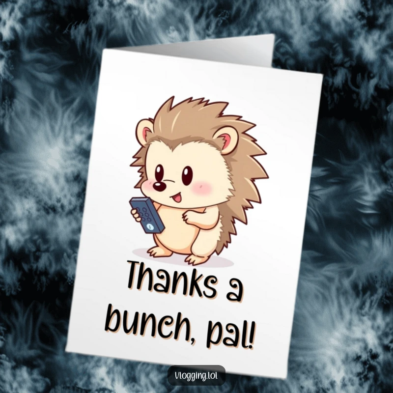 Funny free printable thank you card featuring a curious hedgehog pressing a button on a small remote, a cute way to say thanks.