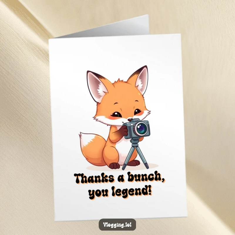 Funny Free Printable Thank You Card: Adorable fox holding a camera, capturing fond memories with a smile.