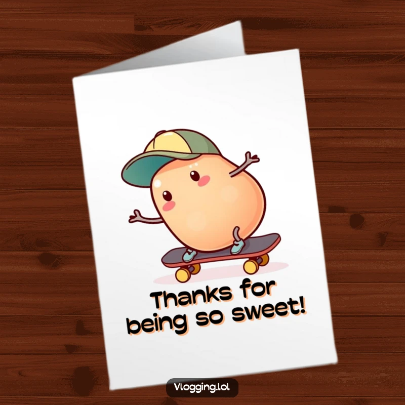 Funny Free Printable Thank You Card: Wobbly jelly bean in a cap, falling off a skateboard, saying thanks.