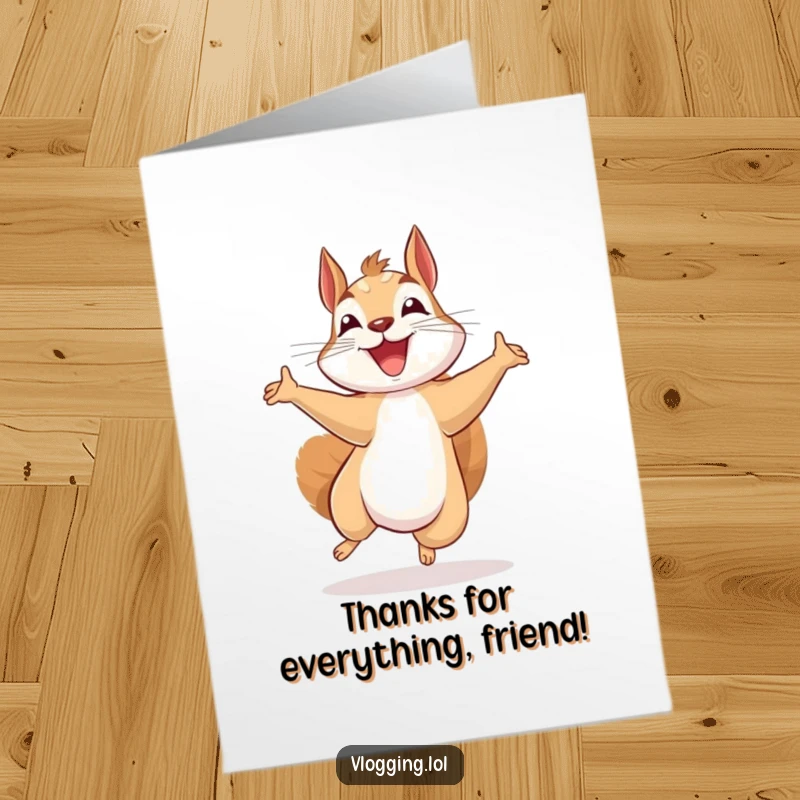 Funny free printable thank you card with a beaming squirrel jumping excitedly while recording, showing appreciation.