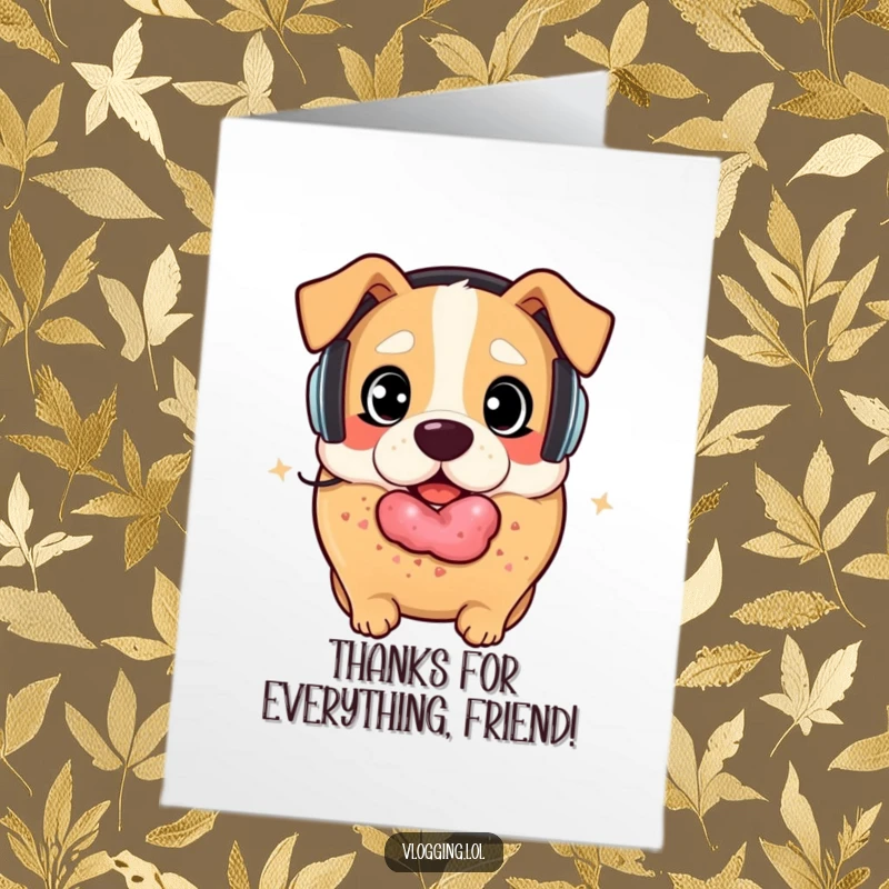 Funny Free Printable Thank You Card: Surprised bagel with headphones, a playful dog near, thanking you with a laugh.