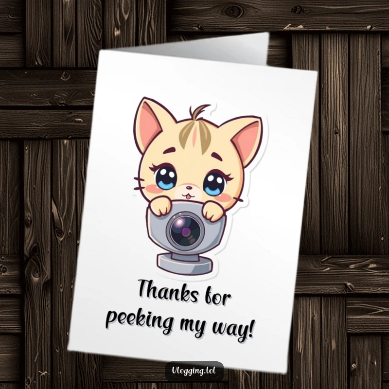 Funny Free Printable Thank You Card: Inquisitive character peeking from behind a computer webcam, sending thanks with a playful gaze.
