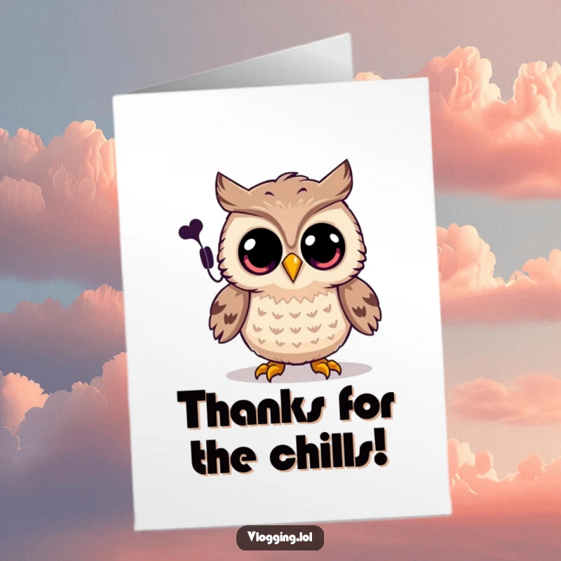 Funny Free Printable Thank You Card: Joyful owl with wide eyes records a spooky sound, sending thankful vibes.