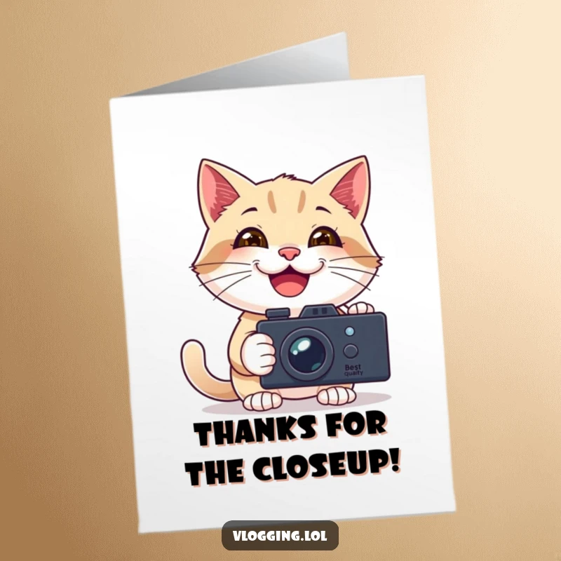 Funny Free Printable Thank You Card: Smiling cat filming itself, expressing thanks, a unique downloadable thank you.
