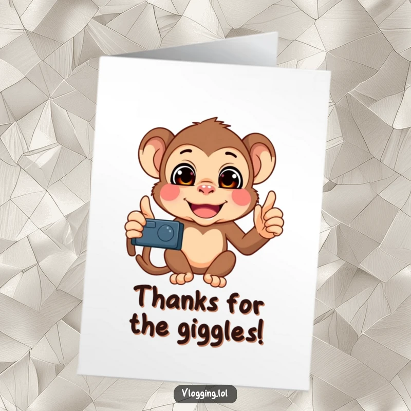 Funny Free Printable Thank You Card: Mischievous monkey making silly faces while holding a phone, expressing thanks humorously.