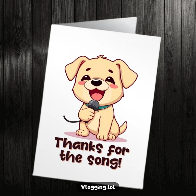 Funny Free Printable Thank You Card: Delightful puppy holding a microphone, singing a sweet thank you song with big eyes.
