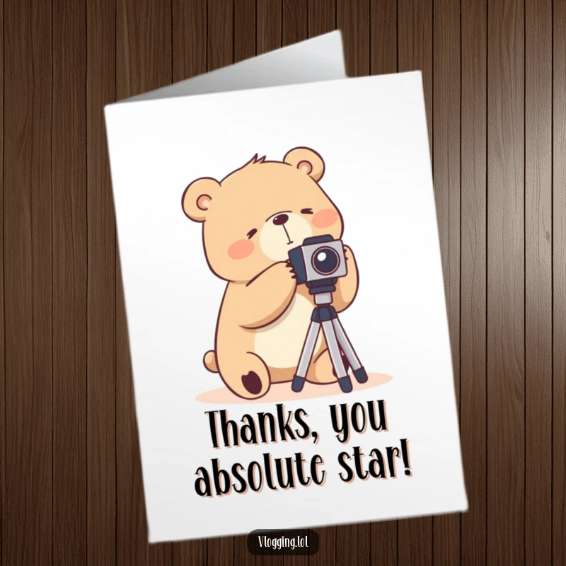 Funny Free Printable Thank You Card: A bear hilariously attempting to use a camera tripod, expressing thanks.
